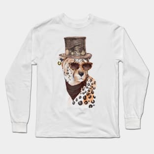 Big Cat with Spots Wearing Top Hat and Leopard Print Sunglasses Long Sleeve T-Shirt